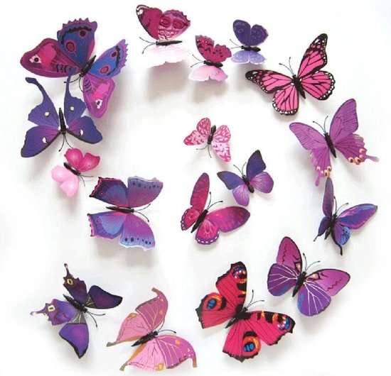 3D Natuurvlinders Paars (12 stuks) - Muursticker / Muurdecoratie voor Kinderkamer / Babykamer / Woonkamer