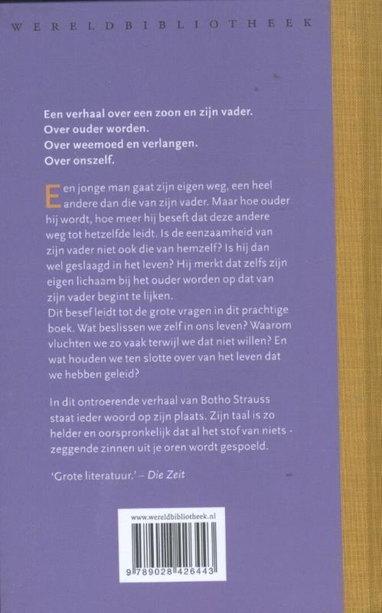 Achterkant paars boek met tekst. Titel: 'Een verhaal over een zoon en zijn vader.' en 'Grote literatuur.' - Die Zeit.