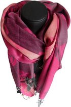 Mooie hippe sjaal van pashmina kleuren roze paars creme zwart grijs bloemen lengte 180 cm breedte 70 cm.