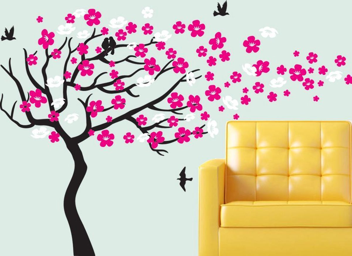 Muursticker Zwarte Boom en Vogels met Roze/Witte Blaadjes XXL | Babykamer - Kinderkamer - Slaapkamer - Woonkamer - Muurstickers