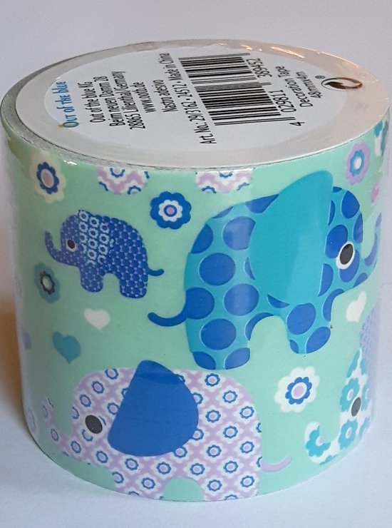 masking tape Blauw met Olifanten - decoratie washi papier tape - 48 mm x 4 m