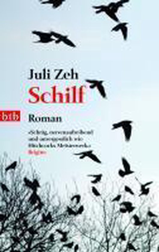 Livre 'Schilf' de Juli Zeh, roman, avec un vol d'oiseaux noirs sur un ciel clair.