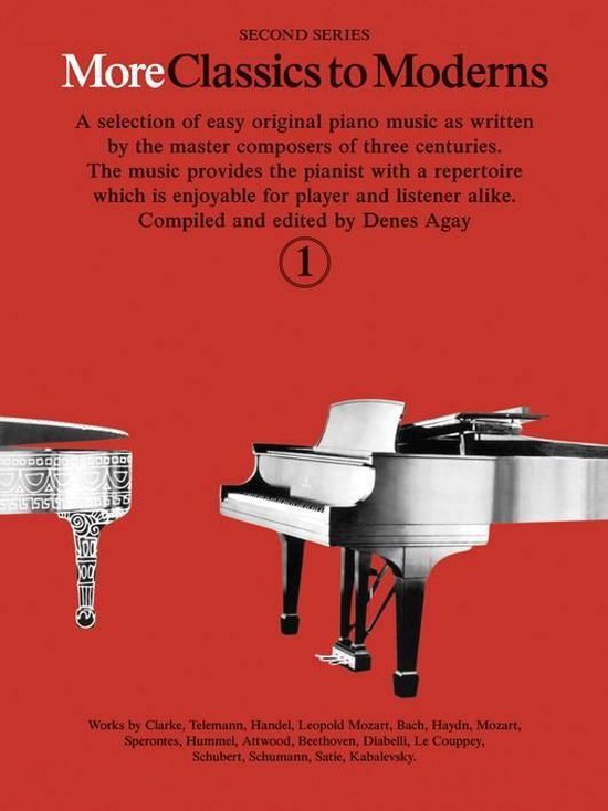 Livre 'More Classics to Moderns' avec musique classique et moderne pour piano, avec une image de deux pianos à queue.