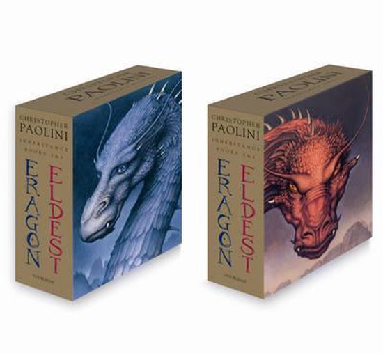 Deux coffrets des livres 'Eragon' et 'Eldest' de Christopher Paolini. Un ensemble présente une tête de dragon bleue, l'autre une tête de dragon rouge.