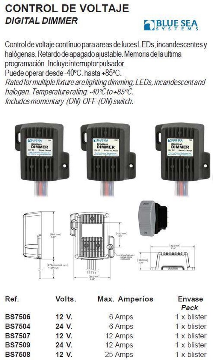 BSS Dimmer 12A, 24V Incl. Schakelaar (On)-Off-(On)