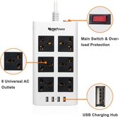 Universeel stekkerdoos met 6 stroomaansluitingen 4 USB poorten – 100V tot 220V/250V - tot 2500 Watt spanningsbeveiliging – met verlichte schakelaar