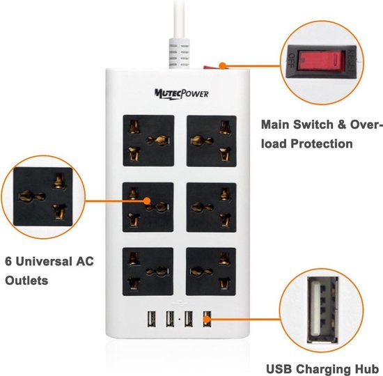Bewolkt Smeltend middelen Universeel stekkerdoos met 6 stroomaansluitingen 4 USB poorten – 100V tot  220V/250V -... | bol.com