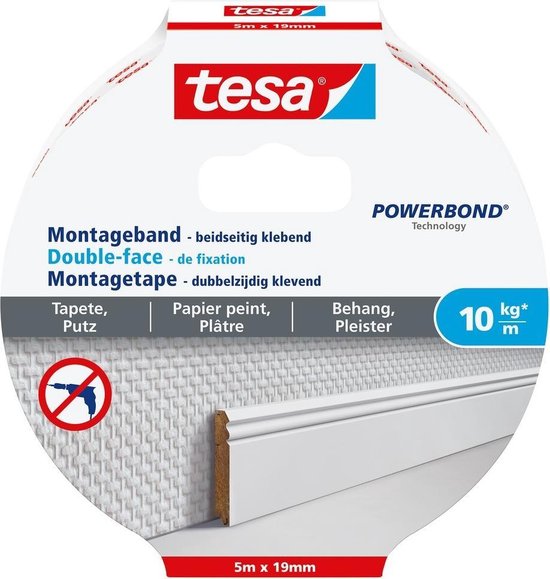 Tesa montagetape dubbelzijdig voor behang & pleisterwerk 10 kg/m - 5 m x 19 mm. - Tesa