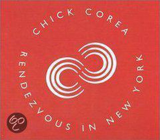 Pochette de CD sur fond rouge. Texte "CHICK COREA RENDEZVOUS IN NEW YORK" en cercle blanc. Symbole blanc de deux cercles interconnectés au centre. Petit logo rouge en bas à gauche.