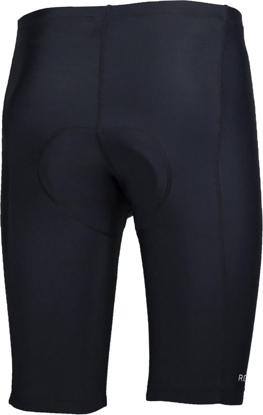 Achterkant van een zwarte fietsbroek met een gepolsterd kruis.