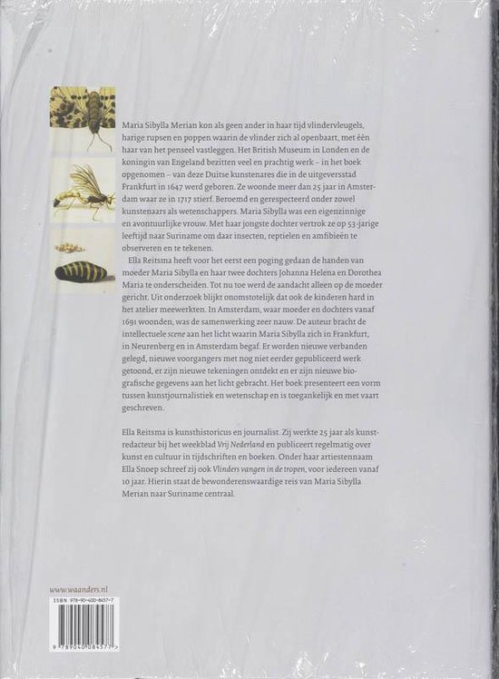 Rug van een boek met illustraties van insecten en tekst over Maria Sibylla Merian en Ella Reitsma.