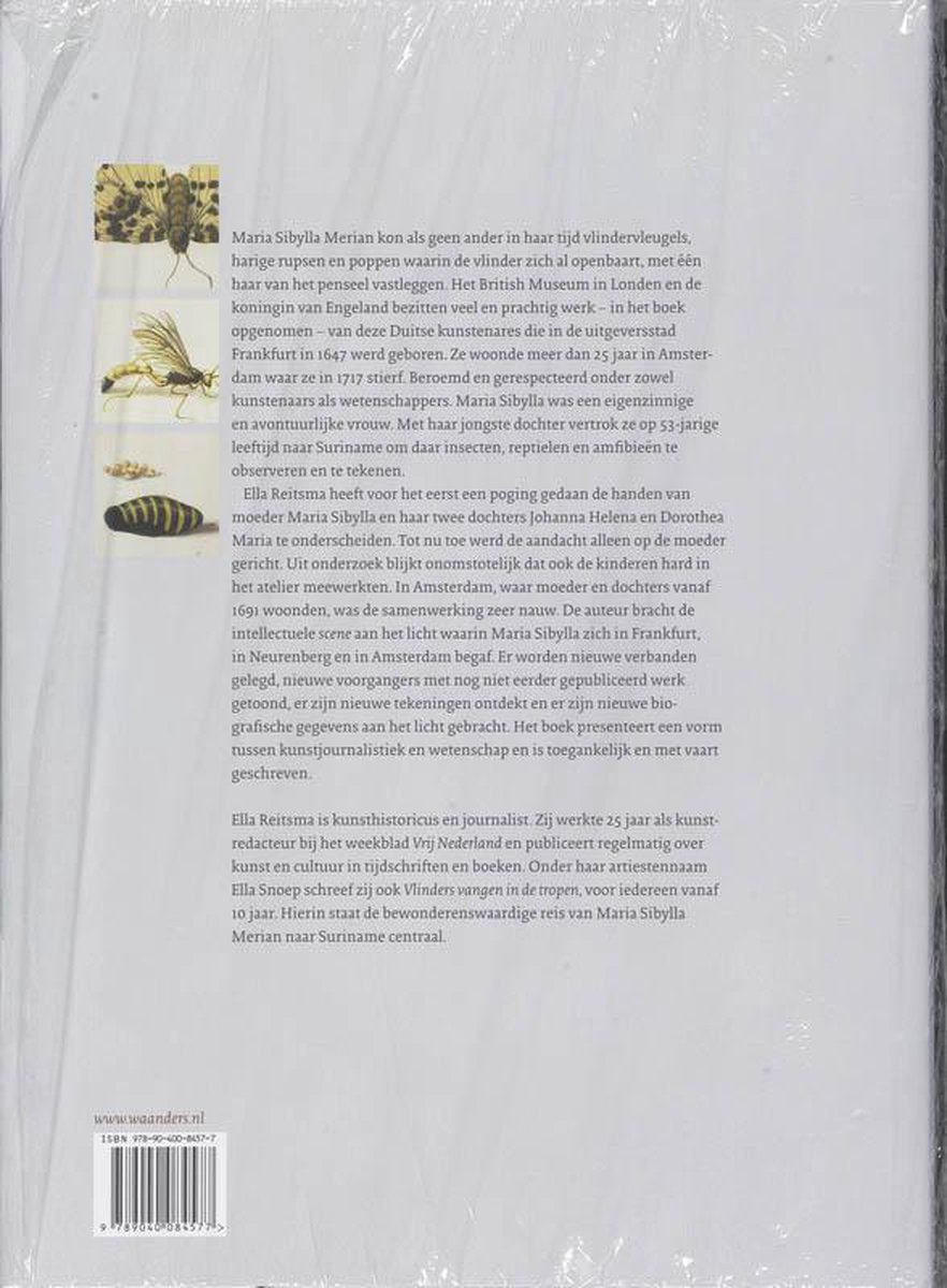 Rug van een boek met illustraties van insecten en tekst over Maria Sibylla Merian en Ella Reitsma.