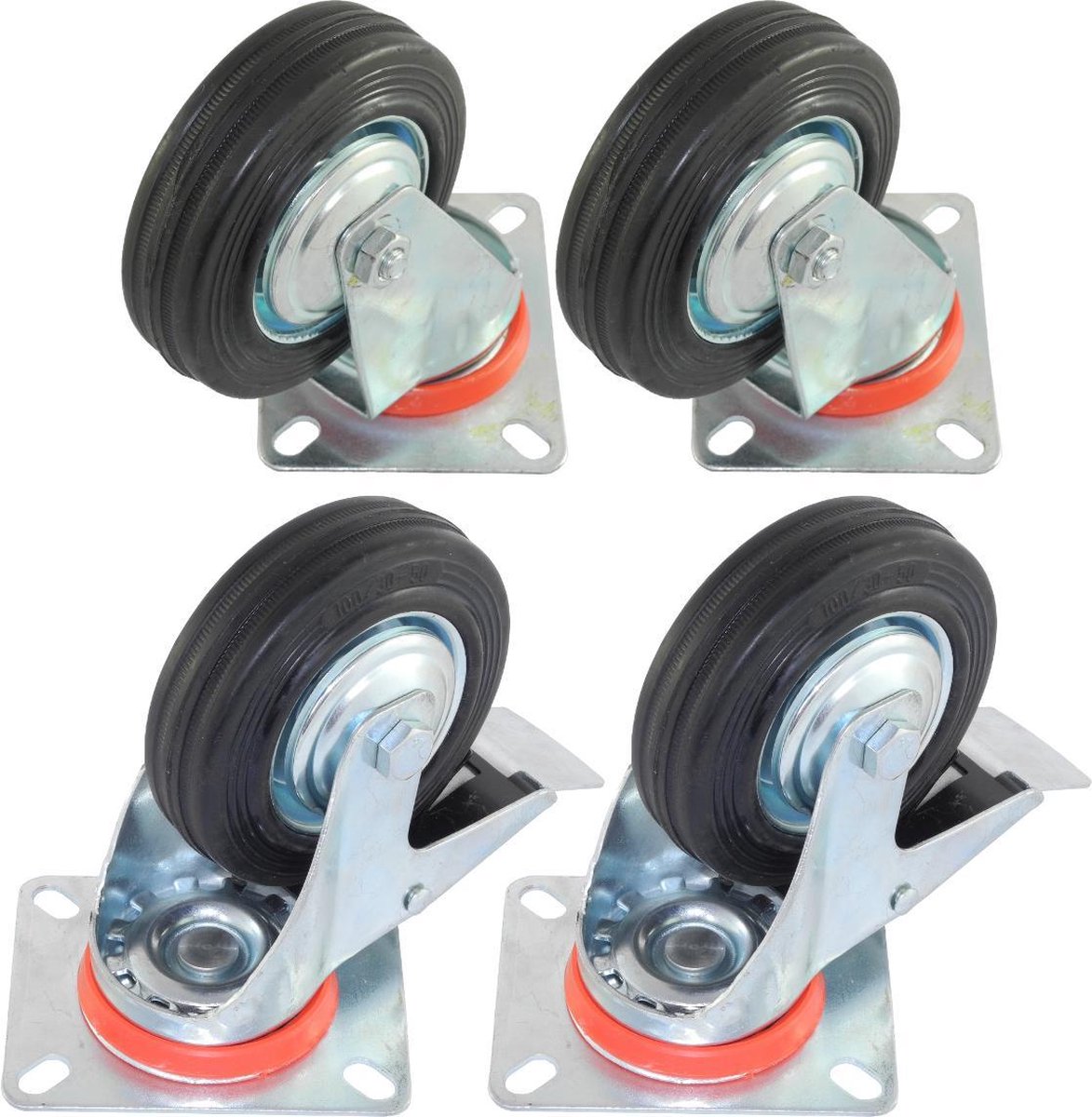 Set van 4 zwenkwielen transportwielen 100mm 2x met + 2x zonder rem Draagvermogen 4x70kg Bevestig