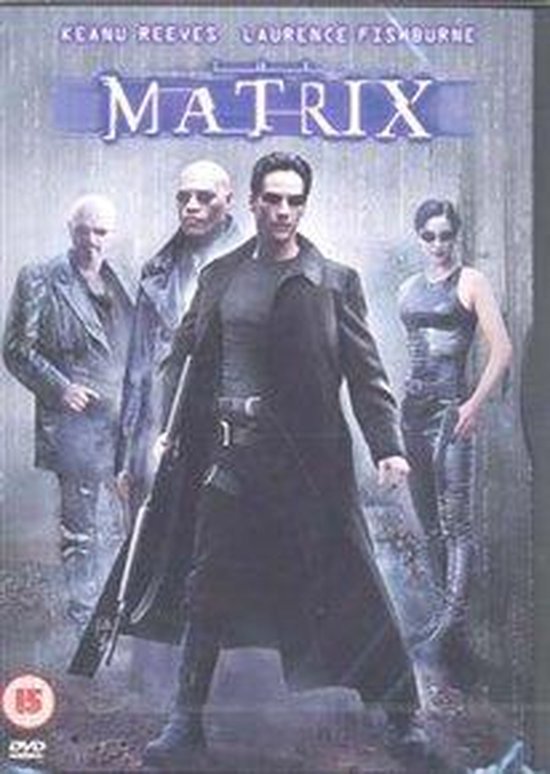 Cover van The Matrix DVD, met Keanu Reeves in een zwarte jas, staand voor drie andere personages.
