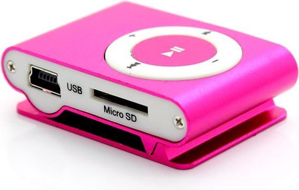 Mini MP3 speler + clip, oordopjes en data kabel (excl. geheugenkaart) - roze  | bol
