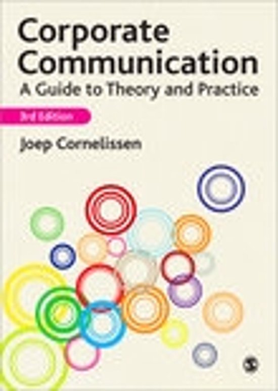 Boek 'Corporate Communication: A Guide to Theory and Practice' 3e editie door Joep Cornelissen, met kleurrijke cirkels op de kaft.