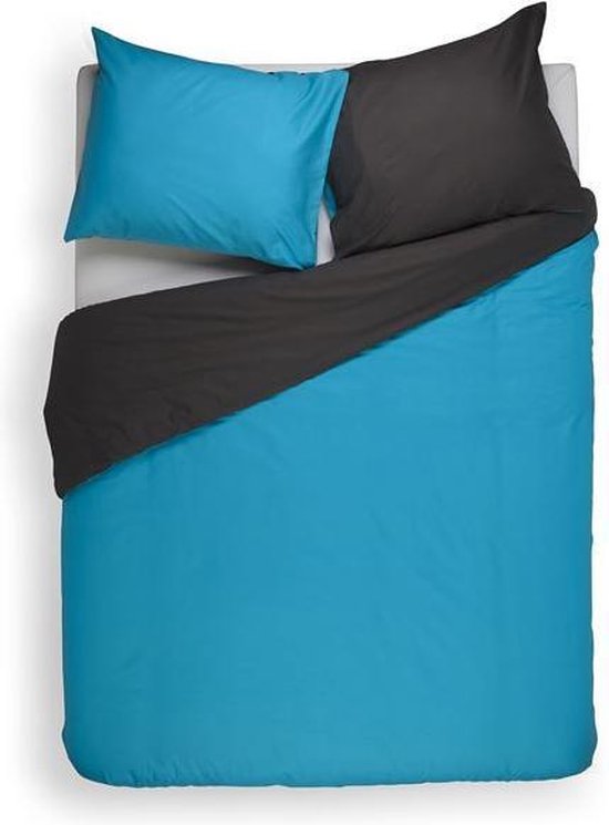 Snoozing Two Tone - Flanelle - Housse de couette - Double - 200x200 / 220 cm + 2 taies d'oreiller 60x70 cm - Turquoise / Anthracite