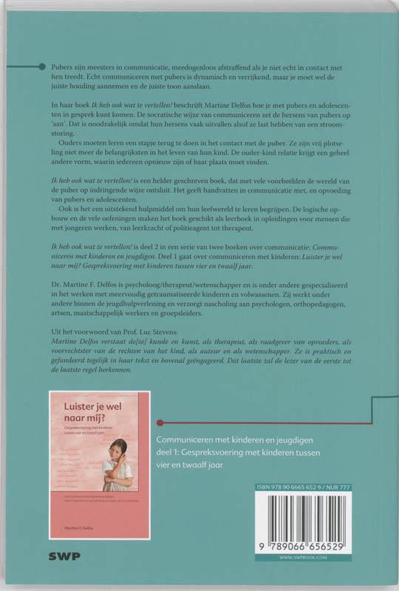 Boekomslag met tekst en een klein plaatje van een boek "Luister je wel naar mij? Communiceren met kinderen en jeugdigen"