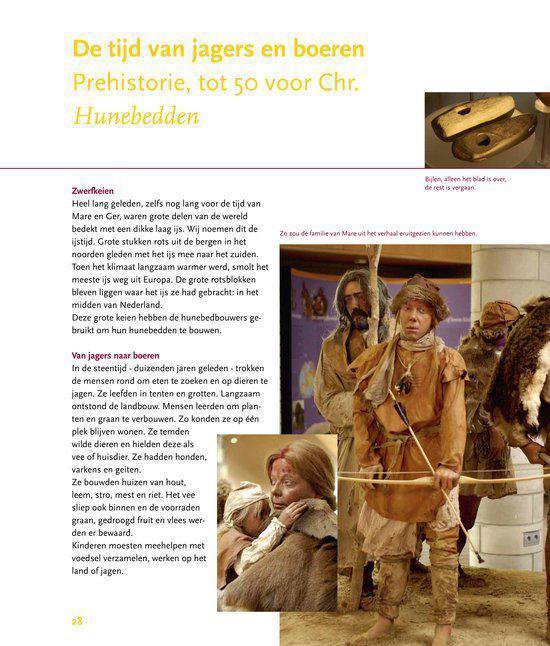 Illustratie van prehistorische mensen die jagen en stenen huizen bouwen. Een kano.