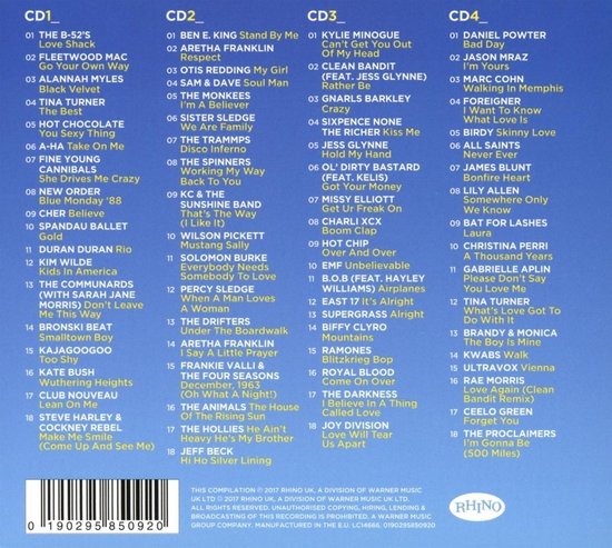 Achterkant van een CD-hoes met de tracklijsten van 4 CD's: 'CAR-AOKE THE COLLECTION THE ULTIMATE SING-A-LONG ANTHEMS'.