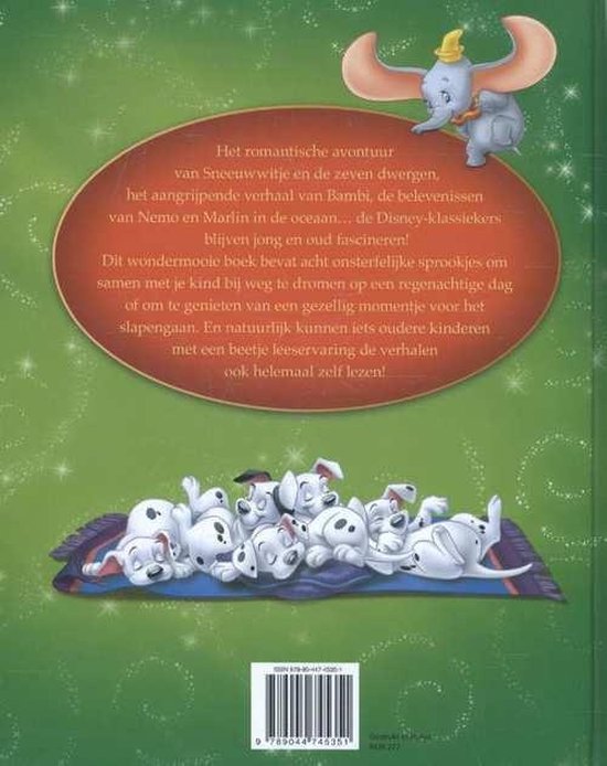 Achterkant van het boek "Disney Onsterfelijke Sprookjes" met tekst en een slapende groep puppy's van 101 Dalmatiërs.