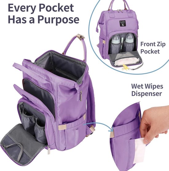 Beste luierrugzak voor baby's met aankleedkussen - grote capaciteit - lavendel L van Babilicious — afbeelding 4