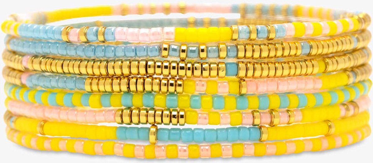 Pura Vida- SUNSET BEACH STRETCHARMBAND MET GEMENGDE KRALEN, SET VAN 8