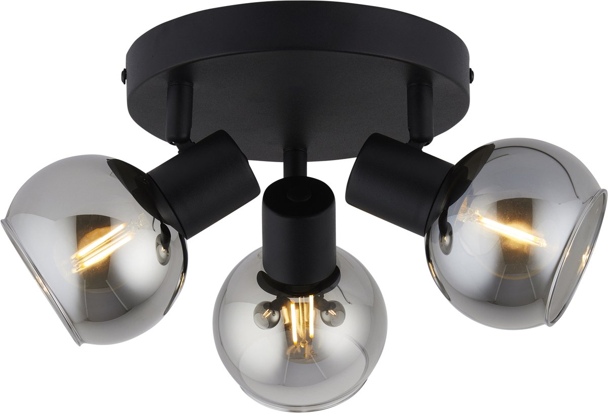 Lighto Plafondlamp - Smoke Glas - Plafondspots 3-lichts - Spotjes - Plafonniere - Eetkamer - Slaapkamer - Woonkamer - Juna - Zwart