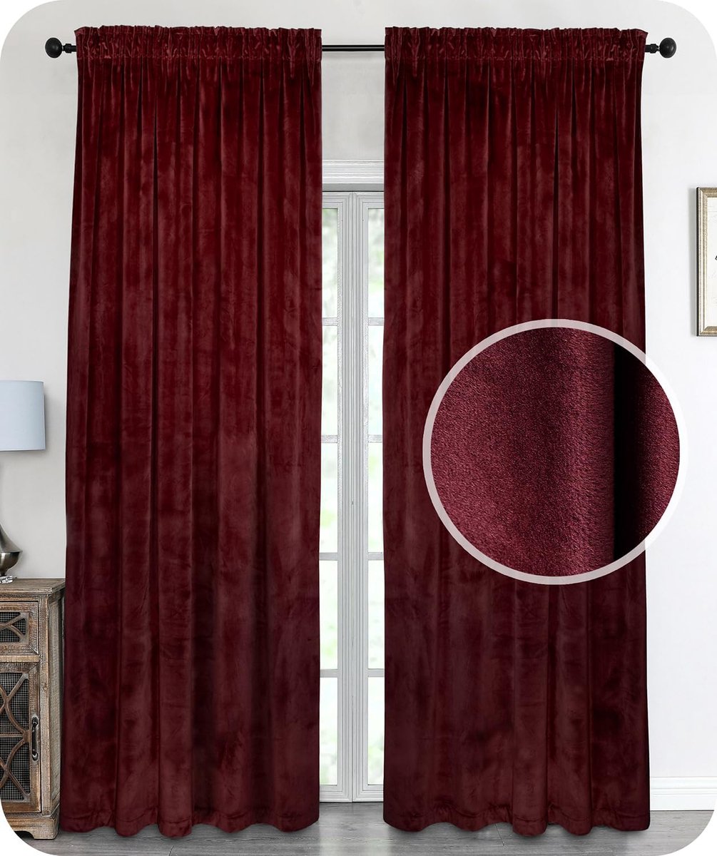 Fluwelen gordijn, plooiband, U-band, gordijn, fluweel, verduisterend en ondoorzichtig, 140 x 225 cm (breedte 140 cm, hoogte 225 cm, bordeaux)