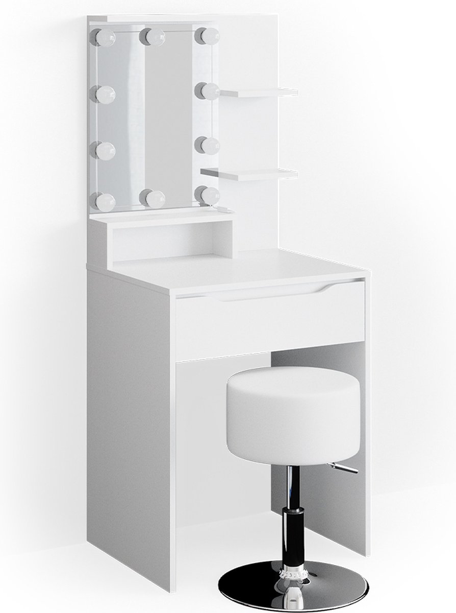 Vicco Kaptafel set met kruk Ruben, Wit, 60 cm met spiegel, LED-lichtslinger en kruk