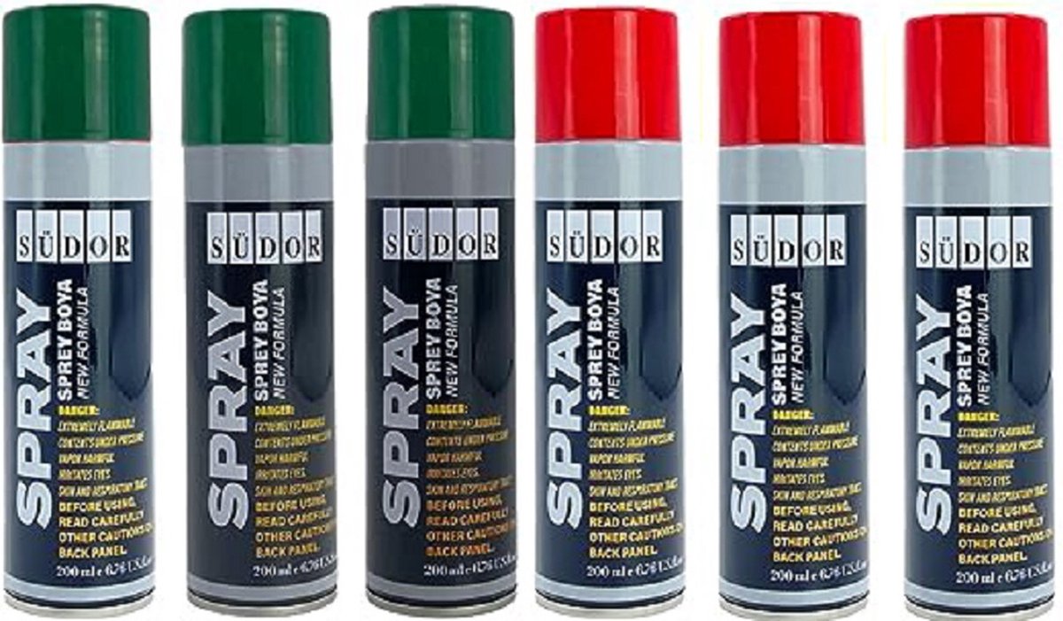 Südor Spuitverf set 3 kleuren - 6 x 200ml Sneldrogend Graffiti Paint Spray Can Spray Paint voor Hout Steen Muur Metaal Glas Zwart Groen Rood , Palestina vlagkleuren