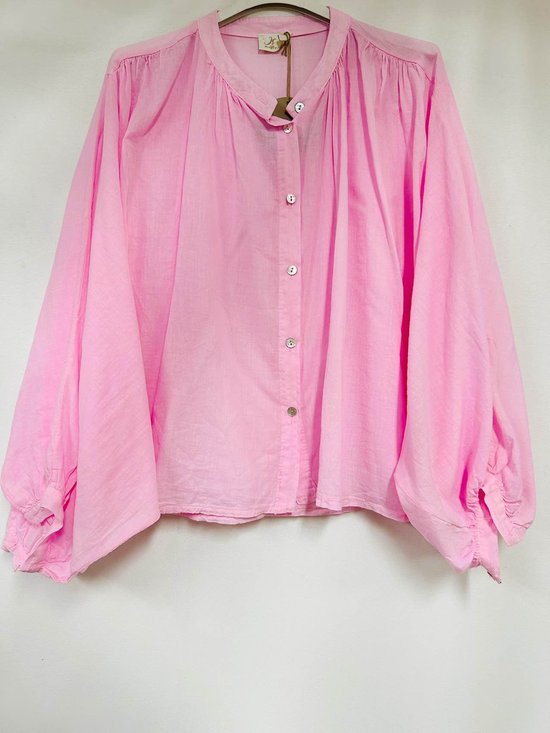 Luchtige katoenen croped blouse - lange mouwen - oversized - kleur ROZE - maat 40/44