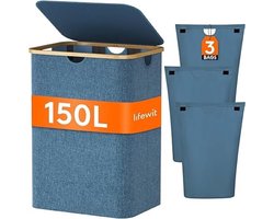 wasmand met deksel-150l- grote wasmand 3 vakken- sorteerbak-Donkerblauw
