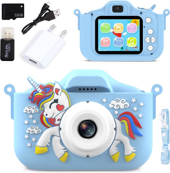 MOENS - Digitale Kindercamera – Creatief Speelgoed - Speelgoed - Unicorn Speelgoed - Speelgoedcamera - Unicorn - Blauw - Blauwe Unicorn - Fototoestel voor Kinderen - 32GB SD-kaart en Accessoires – 48MP - Kado - Cadeau