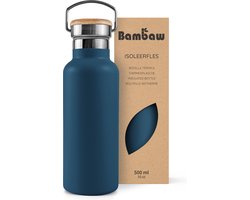 Bambaw® 500ml RVS Thermosfles - Isoleerfles, Dubbelwandig, Lekvrijen, loodvrij en Plasticvrij Geïsoleerde Fles met Bamboe Deksel voor Warme en Koude Dranken - Ideaal voor Reizen, Werk, Yoga, Wandelen en Dagelijks Gebruik – blauw