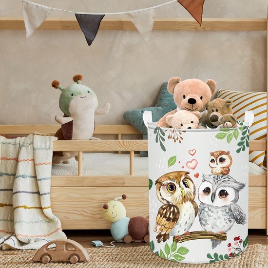Wasmand 45L Zoete Uilen Familie Groen Blad Kinderen Opbergmand