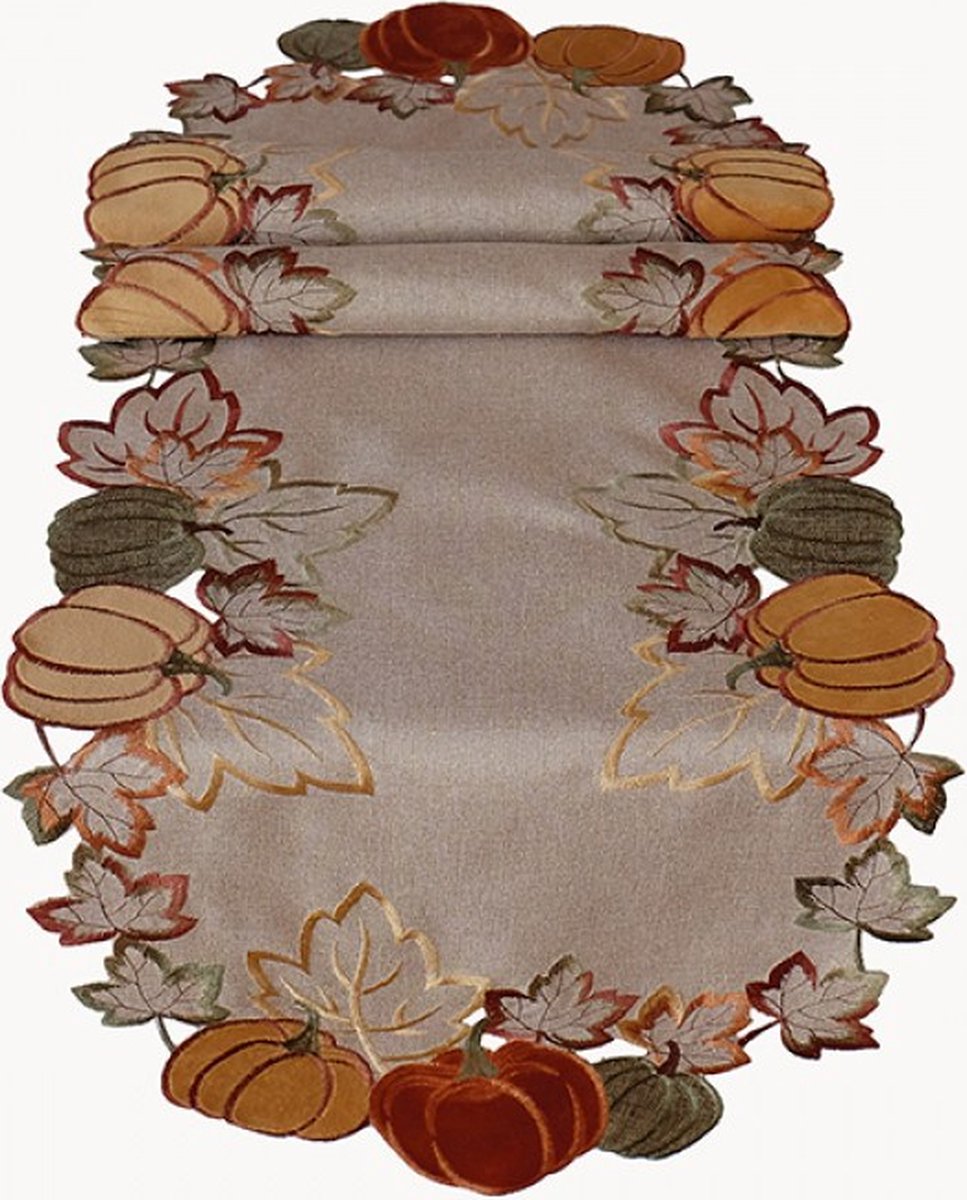 Tafelloper - Herfst - Pompoenen - Ecru - Bruin - oranje - groen - bladeren - gouddraad - 40 x 140 cm