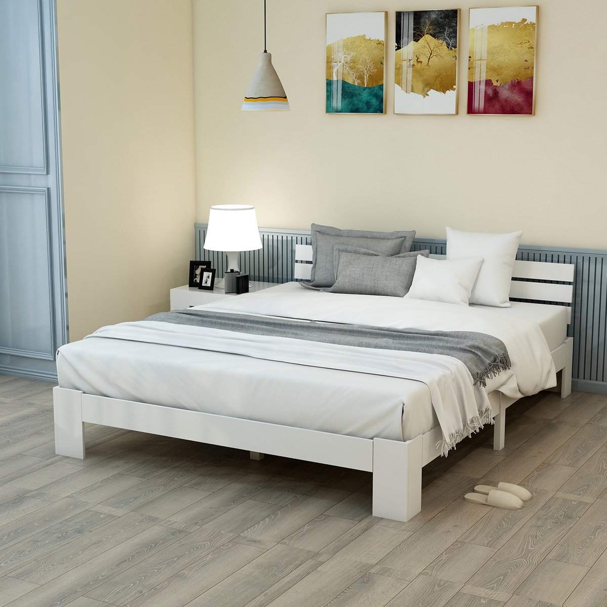 KOMHTOM Tweepersoonsbed 200x140 cm Volwassenenbed Houten bed met hoofdbord met lattenbodem Wit