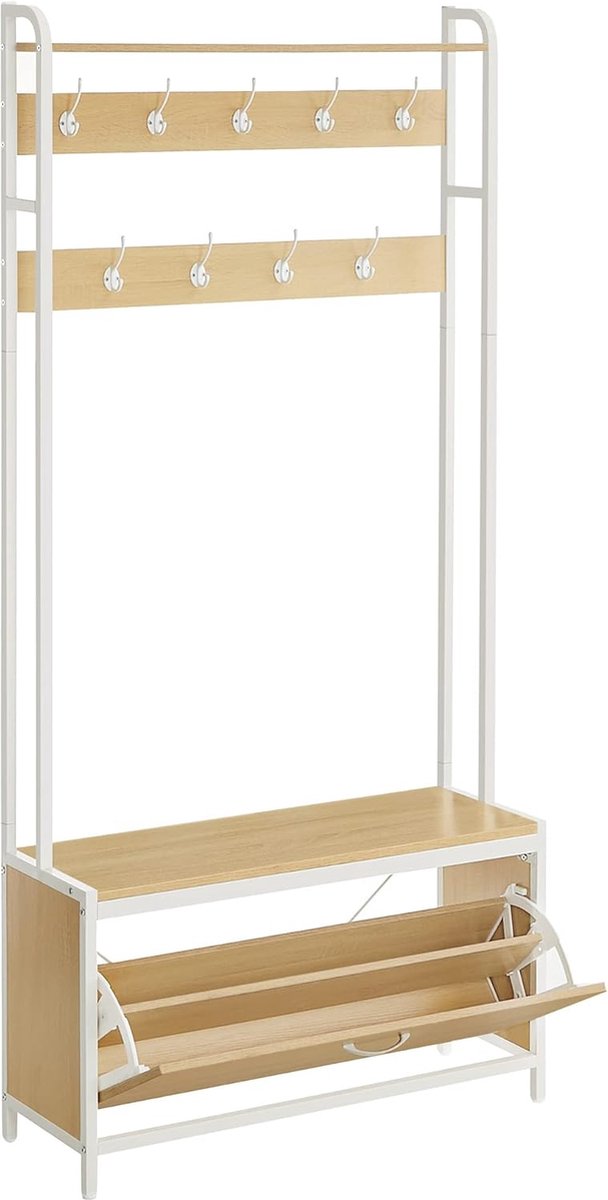 FurnStar - Kapstok met schoenenopberger - halboom met bank - 9 haken en bovenste plank - voor hal - slaapkamer - industriële stijl - rustiek bruin en zwart