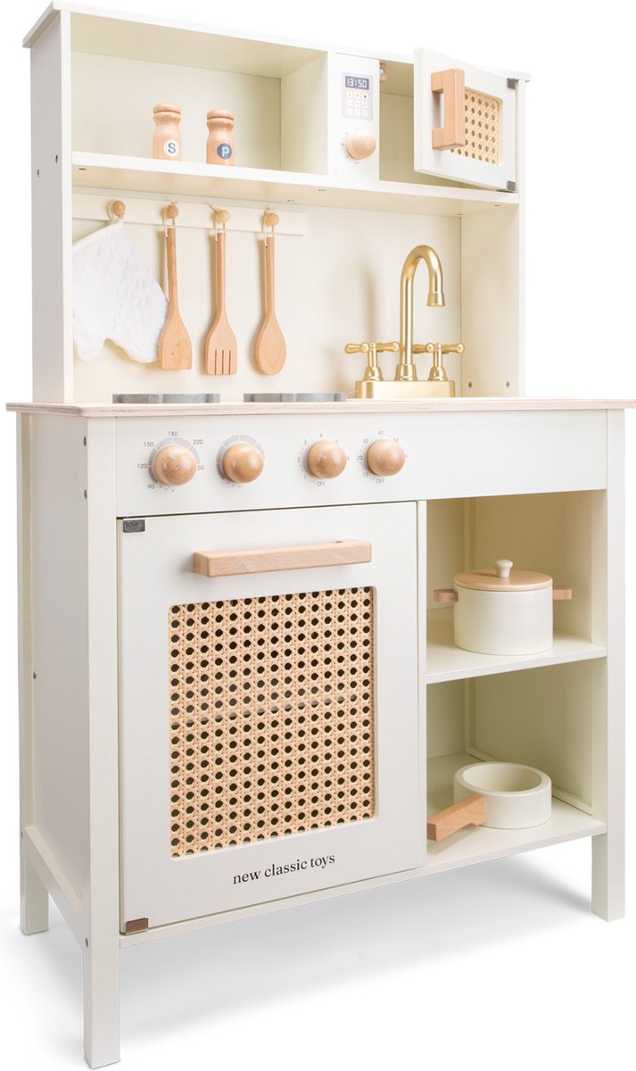 Woet® Houten Speelgoed Kinderkeuken - Speelkeukentje met Rotan Details en Gouden Kraan - Speelkeuken Gebroken Wit met Diverse Accessoires - Werkbladhoogte 55 cm - Rollenspel - Vanaf 3 Jaar — afbeelding 8