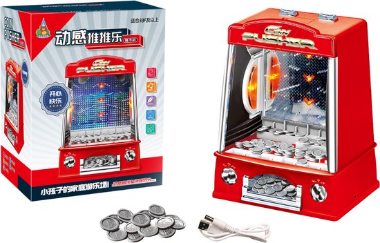Rode muntenschuiver met "Coin Pusher" logo, inclusief munten en oplaadkabel.