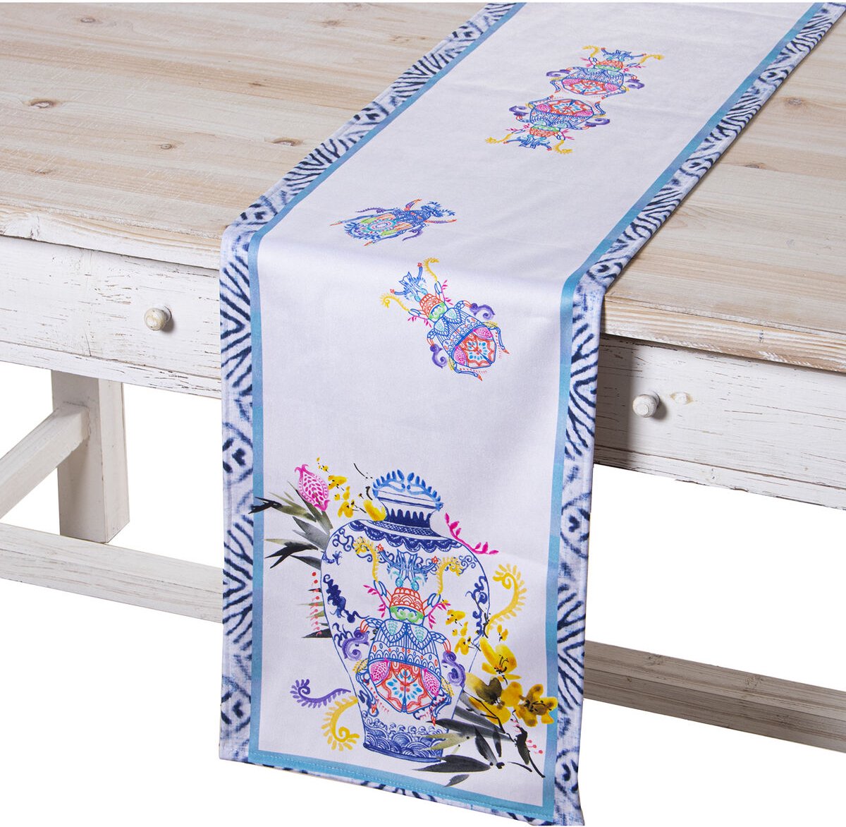 Alexandra House Living Tafelloper Blauw Wit Textiel 180 x 30 cm Fluweel