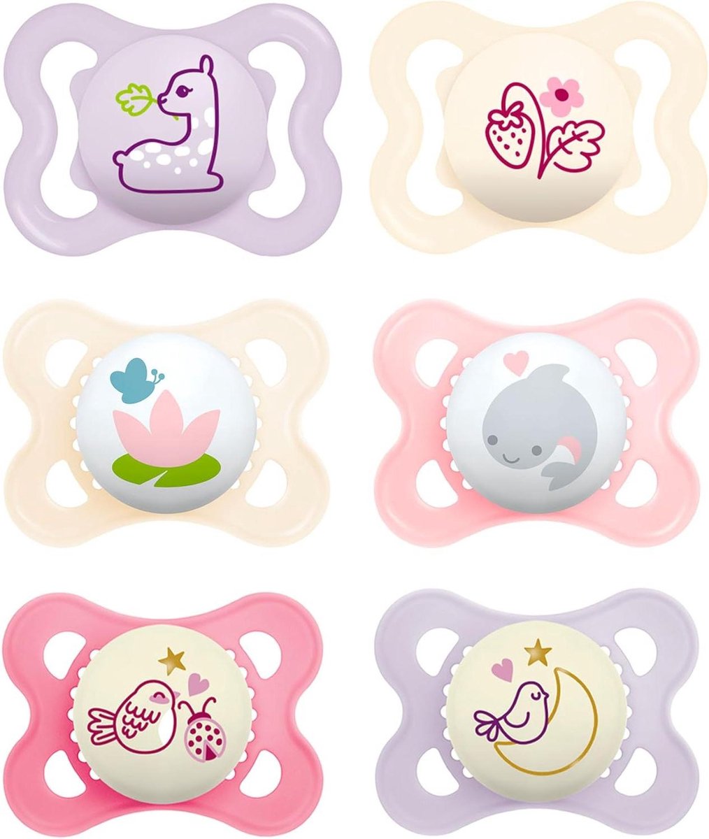 Goedkoopste Siliconen fopspeen 0-6 meisjes - set van 6 - incl. 3 steriliseerde trasportboxen - Day & Night