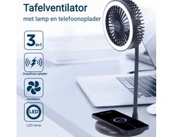 3-in-1 Tafelventilator - Qi draadloze oplader 10W - LED Verlichting - 3 snelheden en verlichting - USB Ventilator- Handventilator -Bureau Ventilator - Mini Ventilator - Tafel ventilator - Zwart