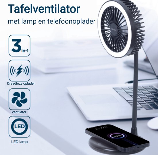 3-in-1 Tafelventilator USB met 10W Qi Draadloze Oplader en LED Lamp – 3 Snelheden – Zwart