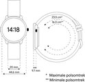 Technische tekening van smartwatch met afmetingen voor polsomtrek. 23,5 cm max, 16,0 cm min.
