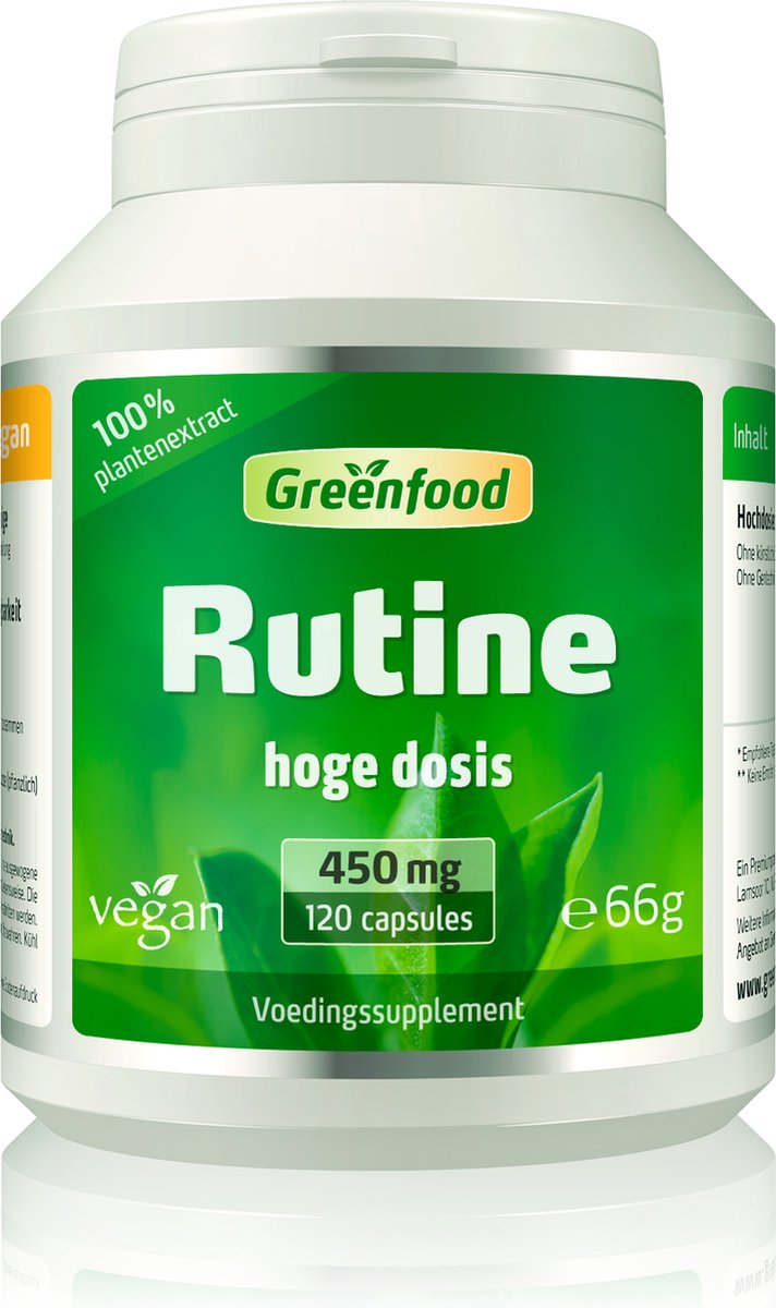 Goedkoopste Greenfood Rutine, 450 mg, hoog gedoseerd, 120 capsules - 100 natuurlijk product. Zonder toevoegingen. Zonder genetische manipulatie. Veganistisch