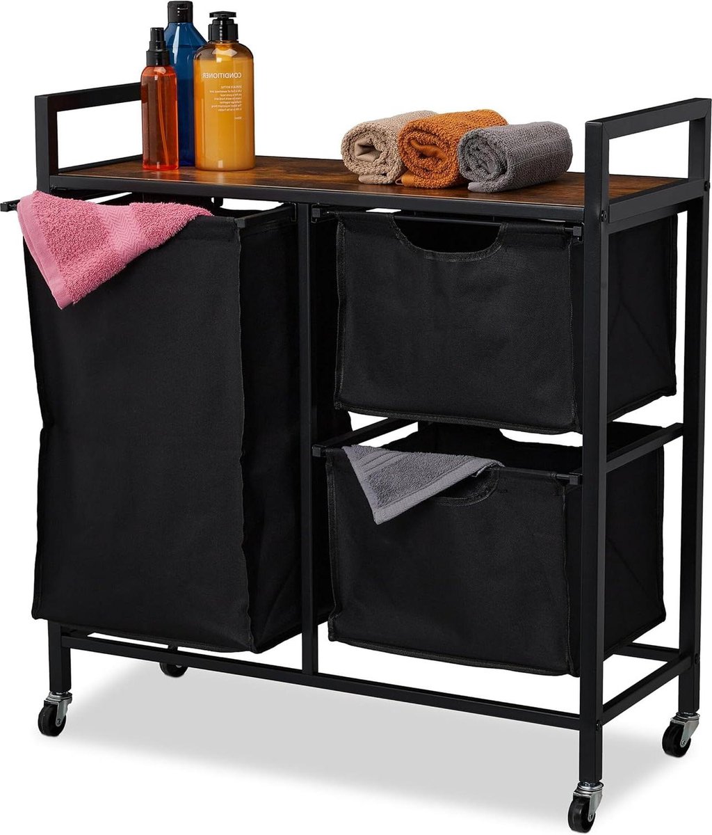 Goedkoopste Wassorteerder voor thuis - Manden wasbox op wielen - Industrieel design - Zwart-bruin Wassorteerder