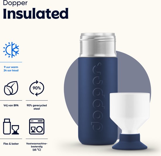Dopper Insulated fles in Breaker Blue met zilveren draaidop, naast een wit bekertje op blauwe voet. Info over warm/koud houden en gerecycled materiaal.