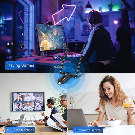 Illustratie toont de EDUP WiFi 6E adapter in gebruik voor gamen, real-time vergaderingen en streaming van shows.